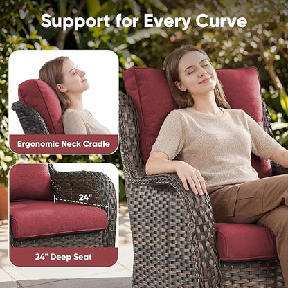 Belord Outdoor Swivel Chairs Set of 2,Patio Wicker Rocker Chairs,All Weather Patio Conversation Furniture Set, Ideal for Porch Balcony Deck Yard, Brown Wicker/Red