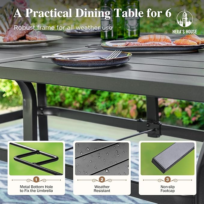 HERA'S HOUSE Patio Dining Table, 60" x 38" Rectangular Large Surface 6 Person Steel Frame Outdoor Dining Table with Umbrella Hole for Lawn Garden Backyard