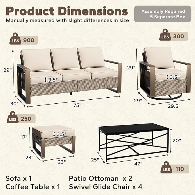 8 Pieces Metal Wicker Patio Furniture Set - 75" Sofa, Four Swivel Chairs and Two Ottomans - Photo 2