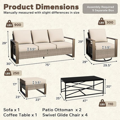 8 Pieces Metal Wicker Patio Furniture Set - 75" Sofa, Four Swivel Chairs and Two Ottomans, One Coffee Table All Weather Rattan Outdoor Conversation Furniture with Washable Cushion for Deck, Beige