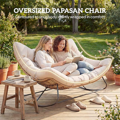 Outsunny Double Papasan Rocking Chair, Wicker Oversized Indoor Outdoor Rocking Chair with Cushion, PE Rattan Padded Outdoor Rocker Egg Chairs for Living Room, Garden, Patio, Balcony, Cream White
