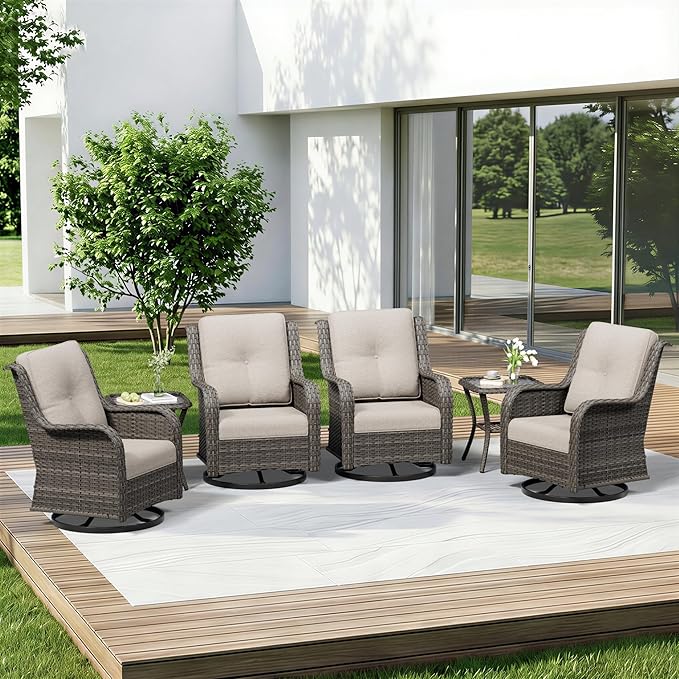 6 Piece Outdoor Wicker Patio Furniture Set, Outdoor Swivel Rocker Patio Chairs Set with Thickened Olefin Cushions - Photo 1
