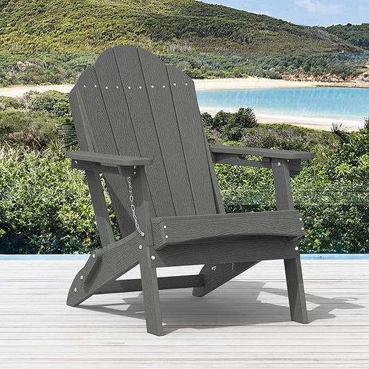 Foldable HDPE Adirondack Chairs Set of 2, Modern, Deck, Patio, Hotel, All-Weather Outdoor Seating, Hidden Cup Holder, Dark Gray