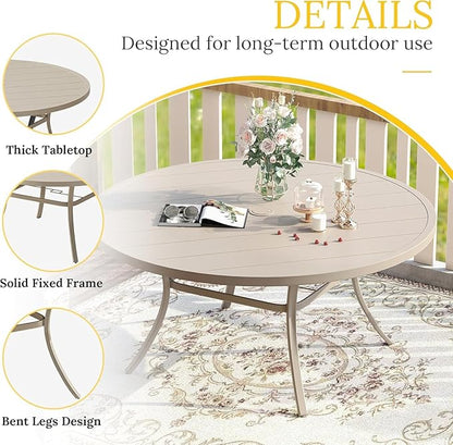 VICLLAX 53" Outdoor Round Patio Table for Lawn Garden, All Weather Metal Round Patio Dining Table with Adjustable Umbrella Hole, Patio Table for 8 Person, Sandshell Tabletop