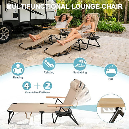 Outdoor Chaise Lounge Chair with 4-Position Adjustable Backrest, Patio Folding Sun Tanning Chair, Pillow & Cup Holder, Portable Recliner Sunbathing Lounger Chairs for Pool Beach Lawn Garden (Beige)
