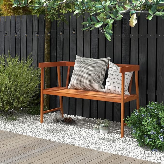 Tangkula Outdoor Eucalyptus Wood Bench, 2-Person Garden Bench with Backrest and Armrests - Photo 4