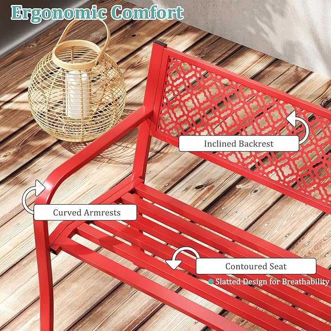 Tangkula 50 Inches Outdoor Garden Bench, Metal Patio Park Bench with Geometric Lattice Backrest, Armrests and Slatted Seat, Outdoor Loveseat Chair for Porch, Lawn and Yard (Red)