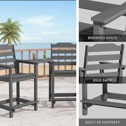 Tall Adirondack Bar Stools Set of 2 with Connecting Tray, Counter Height Patio Chairs, All Weather HDPE Balcony Stools for Outdoor Deck & Garden, Gray