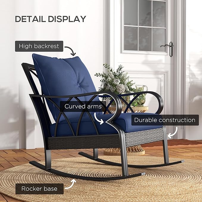 Outsunny 2 Piece Outdoor Wicker Rocking Chairs with Padded Cushions, Aluminum Furniture Rattan Porch Rocker Chairs w/Armrest for Garden, Patio, and Backyard, Blue