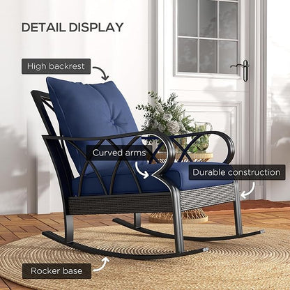 Outsunny 2 Piece Outdoor Wicker Rocking Chairs with Padded Cushions, Aluminum Furniture Rattan Porch Rocker Chairs w/Armrest for Garden, Patio, and Backyard, Blue