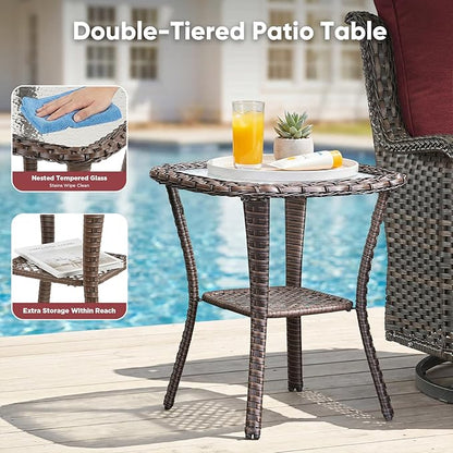 Belord Patio Wicker Chairs Swivel Rocker,Outdoor Patio Furniture Set with Rattan Side Table, All Weather Conversation Set for Porch Poolside Balcony, Brown Wicker/Red
