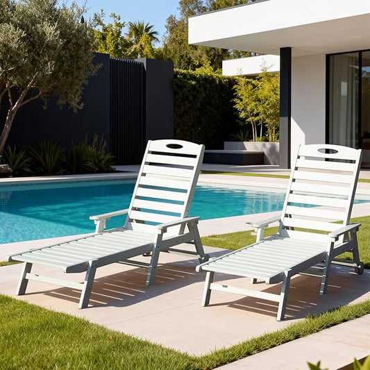 Domi Outdoor Lounge Chairs Set of 2, HDPE Pool Chaise Lounge Chairs for Poolside, Pool Loungers for Outside, Patio, Sunbathing Tanning, White