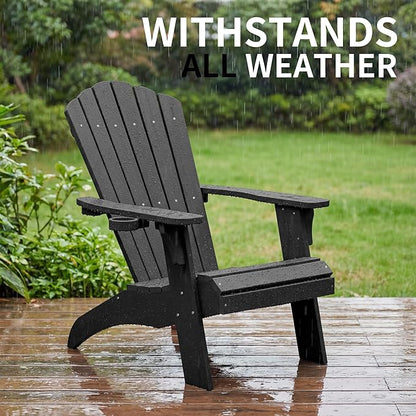 Psilvam Adirondack Chair, Oversized Poly Lumber Fire Pit Chair with Cup Holder, 350Lbs Support Patio Chairs for Garden, Weather Resistant Outdoors Seating, Relaxing Gift for Father & Mother (Black)