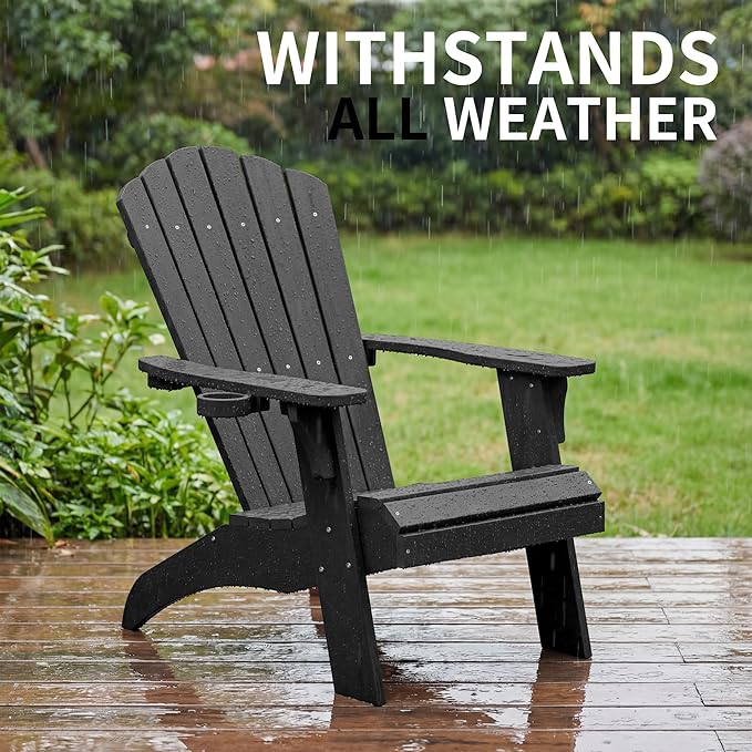 Psilvam Adirondack Chair, Oversized Poly Lumber Fire Pit Chair with Cup Holder, 350Lbs Support Patio Chairs for Garden, Weather Resistant Outdoors Seating, Relaxing Gift for Father & Mother (2, Black)