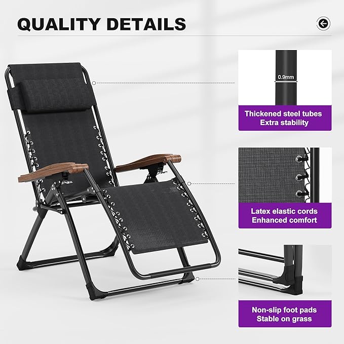 PURPLE LEAF Oversized Outdoor Reclining Chair Patio Zero Gravity Chaise Lounge Folding Chair with Removable Cushion Adjustable Headrest for Lawn Camping Beach Pool Black