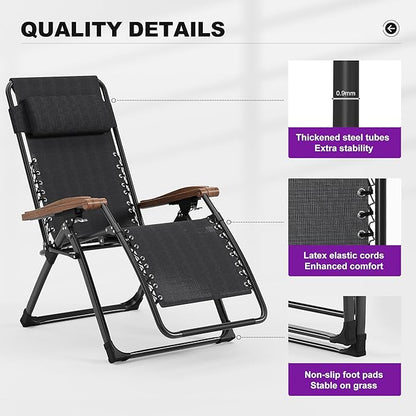 PURPLE LEAF Oversized Outdoor Reclining Chair Patio Zero Gravity Chaise Lounge Folding Chair with Removable Cushion Adjustable Headrest for Lawn Camping Beach Pool Black