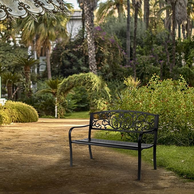 Outdoor Garden Bench,50" Patio Park Garden Bench Furniture,Iron Metal Frame Patio Park Bench with Floral Design Backrest,Arch Legs for Porch,Lawn,Garden,Yard (A)