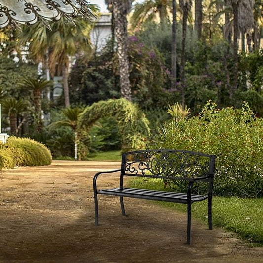 Outdoor Garden Bench,50" Patio Park Garden Bench Furniture,Iron Metal Frame Patio Park Bench with Floral Design Backrest,Arch Legs for Porch,Lawn,Garden,Yard (A)