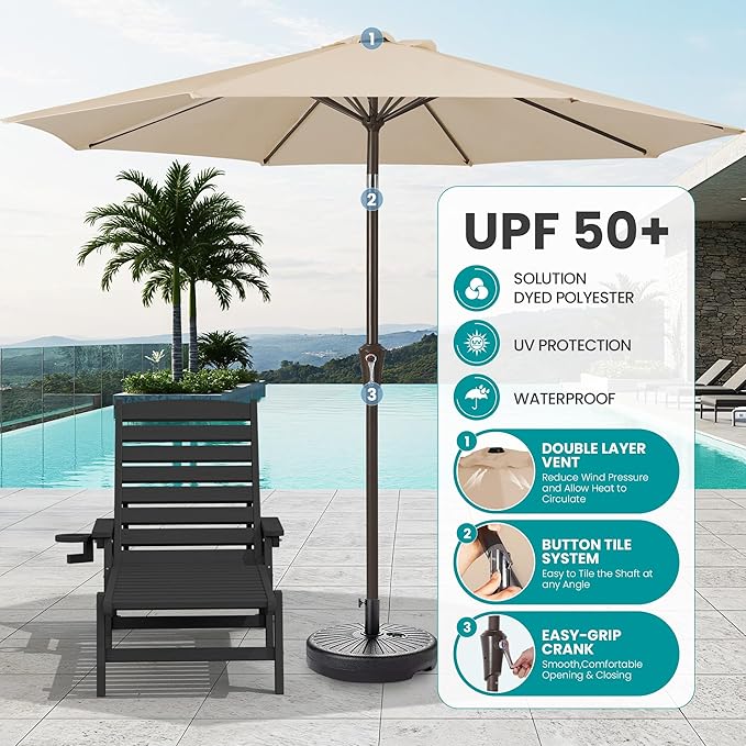 SERWALL Patio Chaise Lounge Chair Set of 2 with 9FT Patio Umbrella, 78'' HDPE Outdoor Lounger - Photo 4