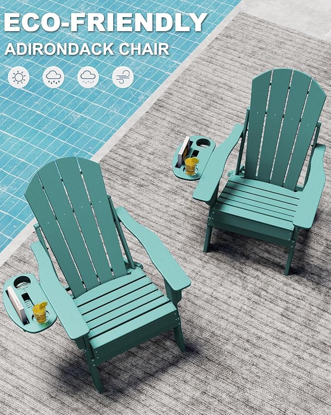 Adjustable Adirondack Chair Set of 2 with Cup Holder, All Weather HDPE Fire Pit Chairs for Deck, Backyard, Patio, Lake Blue