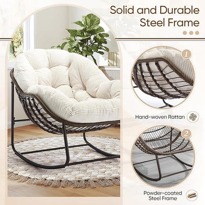 Large Indoor Rocking Chair, Oversized Rocking Papasan Chair with Thick Cushion and Frame,Comfy Corduroy Rocker Wicker Egg Chairs Lounge Reading Chair for Living Room, Bedroom, Apartment, White
