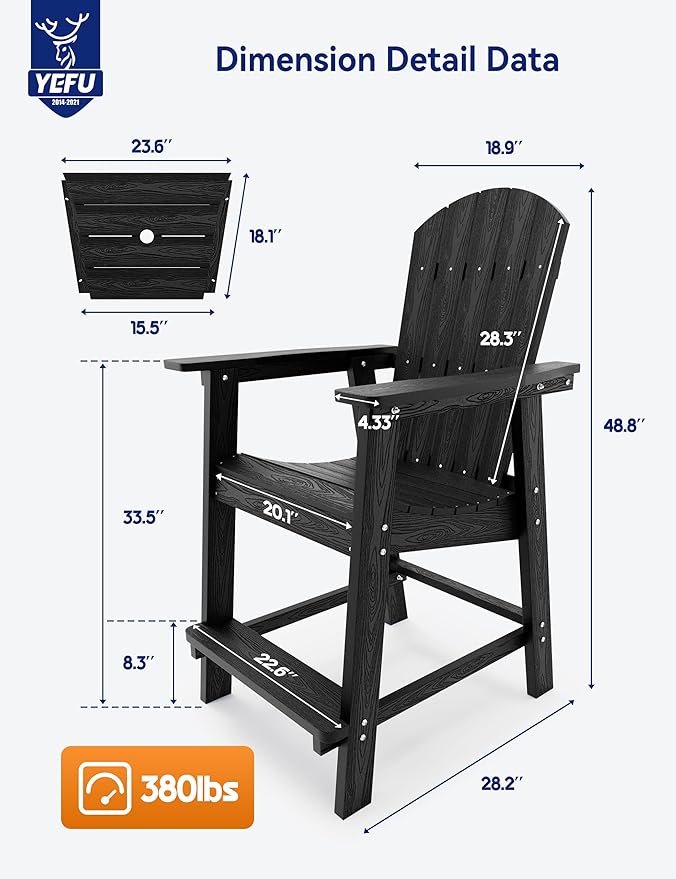 YEFU Tall Adirondack Chair Set of 4, Balcony Chair with Connecting Table, Poly Lumber Adirondack Chair, Patio Bar Stools, 380lbs, Weather Resistant for Outdoor Deck Lawn Pool-Black