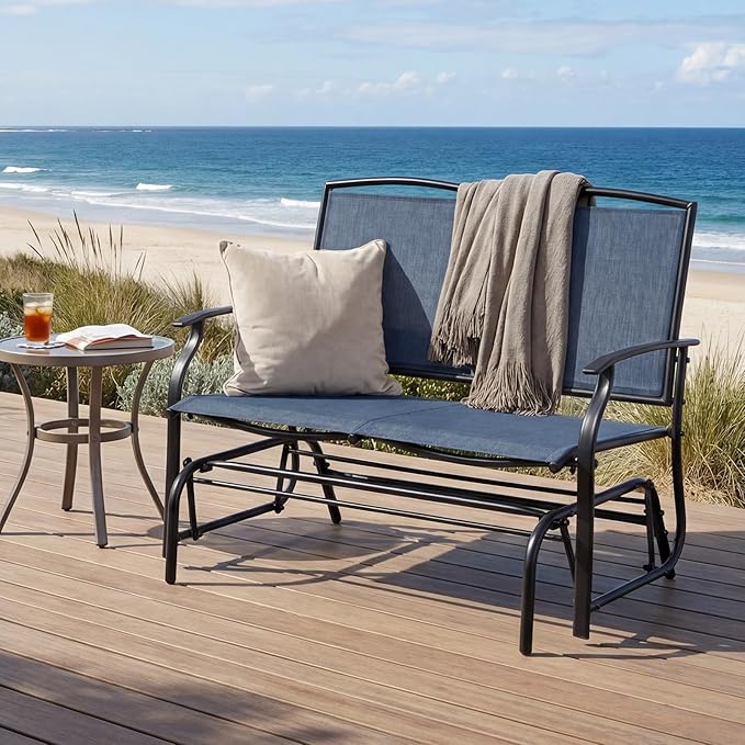 Giantex Outdoor Glider Bench, Patio Glider Bench for Outside, Steel Frame, 400 Lbs Capacity, Ergonomic Swing Rocking Chair Loveseat, 2-Person Porch Swing Rocker for Backyard, Lawn, Balcony, Dark Blue