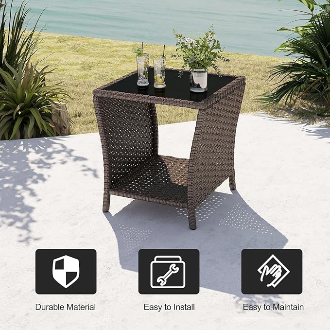 kinbor Outdoor Wicker Side Table - Set of 2 Tempered Glass Top Small Outdoor Table with Storage Shelf for Patio - Photo 7