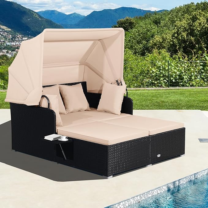 Moccha Outdoor Daybed with Retractable Canopy, Wicker Cabana with 2 Side Tables & Soft Cushions - Photo 2