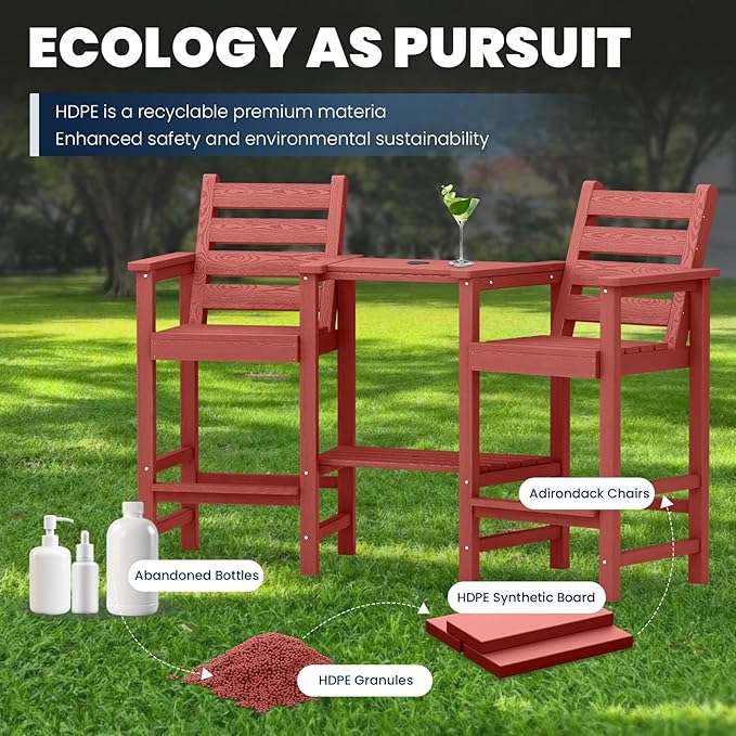 PLUUV Tall Adirondack Chairs Set of 2, All Weather HDPE Poly Bar Height Balcony Adirondack Chair with Removable Double Connecting Trays, Outdoor Adirondack Barstools for Deck, Patio, Yard, Pool, Lawn
