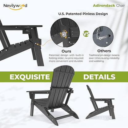 nevilywood Folding Adirondack Chair with Cup Holder Set of 4, HDPE Patio Chairs,All-Weather Outdoor Chairs for Backyard, Deck,Fire Pit-Black