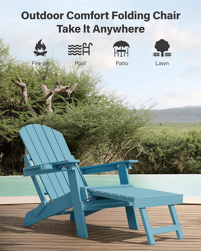 YEFU Adjustable Adirondack Chair with Footrest Set of 4, 5-Level Adjustable Adirondack Chair with Retractable Ottoman& Cup Holder, Folding Adirondacks Chairs Use for Outdoor, Pool, Fire Pit