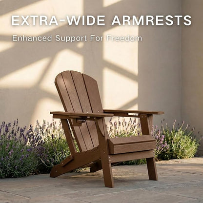Kingdura Foldable Adirondack Chair, Portable HDPE All Weather Resistant Outdoor Patio Chair, Wooden Textured with Cup Holder, 380LBS Capacity for Poolside, Backyard, Deck, Fire Pit (Brown)