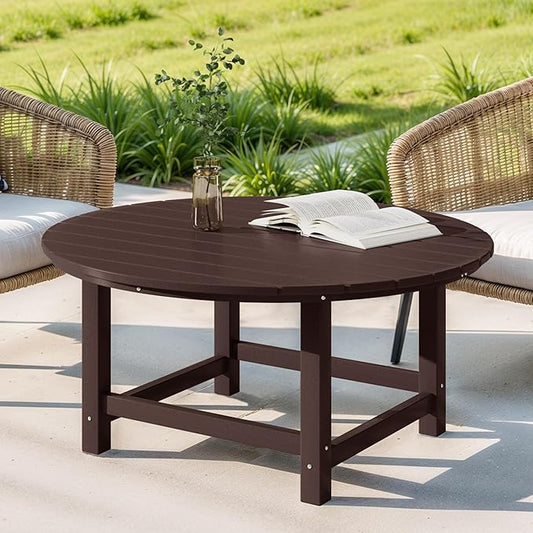 Costaelm Patio Conversation Table, Tatio Accent HDPE Outdoor Weather Resistant, Round Outdoor Porch Balcony Patio Drink Table for Outside, Pool, Backyard, Dark Brown