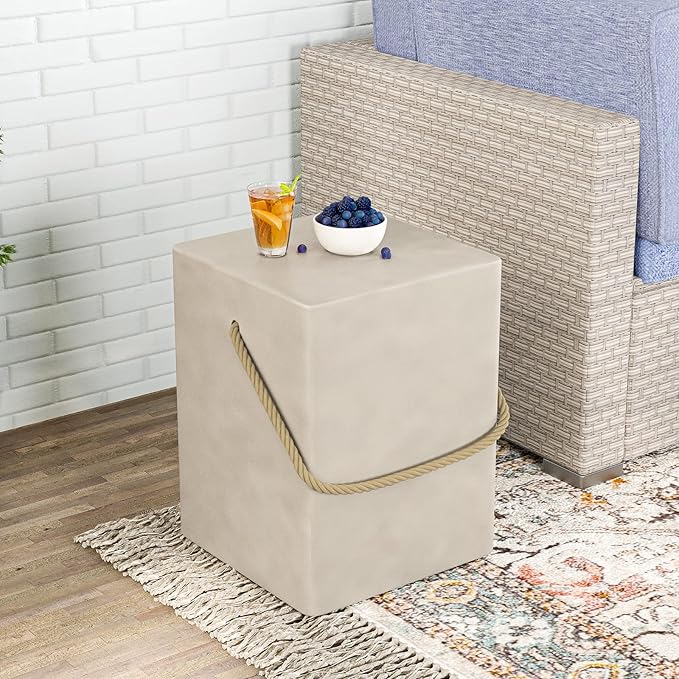 HOMPUS Outdoor Side Table w Hemp Rope Handle, Patio MgO Concrete Natural End Table, Square Accent Small Coffee Table for Garden, Patio, Porch and Deck, Light Grey