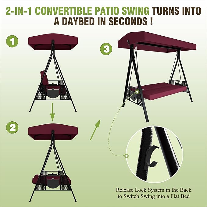 MUPATER Patio Porch Swing Chair with Canopy, 3-Person Outdoor Canopy Swing Glider with Stand, Cushions and Side Table for Outside, 2-in-1 Swing Chair Bench with Cushion for Backyard,Wine Red