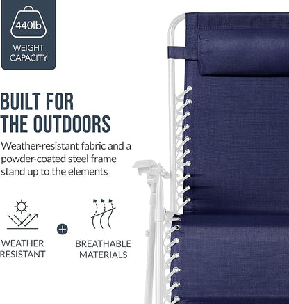 Best Choice Products Set of 2 Extra Wide Adjustable Steel Mesh Zero Gravity Lounge Chair Recliners w/Pillows and Cup Holder Trays - Navy/White