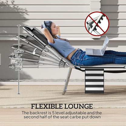 Outsunny Chaise Lounge Chair Outdoor with Face Arm Hole, 5-Position Reclining Face Down Tanning Chair with Carry Strap, Side Pocket, Portable Folding Bed Cot for Patio Beach Pool, Black Stripe