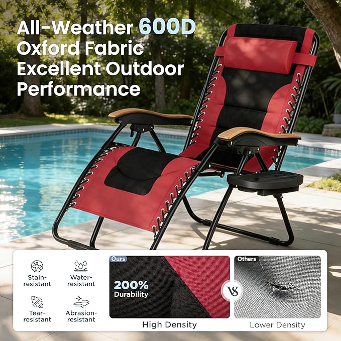 PHI VILLA XXL Oversized Padded Zero Gravity Chair Set of 2, Foldable Patio Recliner, 30" Wide Seat Anti Gravity Lounger with Armrest and Cup Holder, Support 400 LBS (Red)
