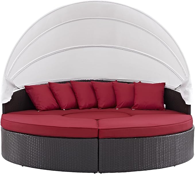 Modway Convene Wicker Rattan Outdoor Patio Retractable Canopy Round Poolside Sectional Sofa Daybed with Cushions in Espresso Red