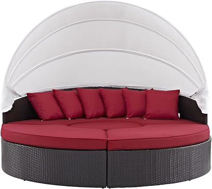 Modway Convene Wicker Rattan Outdoor Patio Retractable Canopy Round Poolside Sectional Sofa Daybed with Cushions in Espresso Red