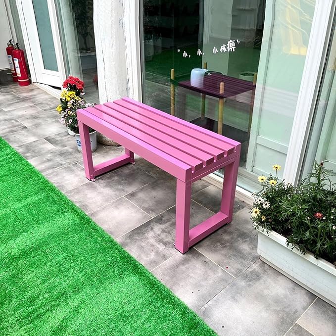 Weatherproof Metal Dining Bench, Outdoor Bench Backless Patio Bench 2-Person Farmhouse Bench Garden Bench for Kitchen, Living Room, Entryway(Pink,47in)