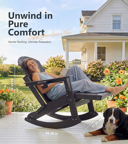 PASAMIC Adirondack Rocking Chairs Set of 2, Foldable All-Weather HDPE Patio Rockers with Retractable Ottoman & Cup Holder, Outdoor Chairs for Porch Backyard Pool Garden Balcony, Black