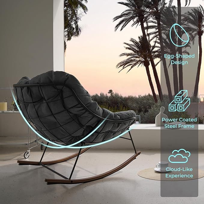 Grand patio Rocking Chair Outdoor, E-Coated Papasan Rocking Chair with Cushion, Outdoor Oversized Recliner Rocker for Patio Porch Garden Backyard, Grey