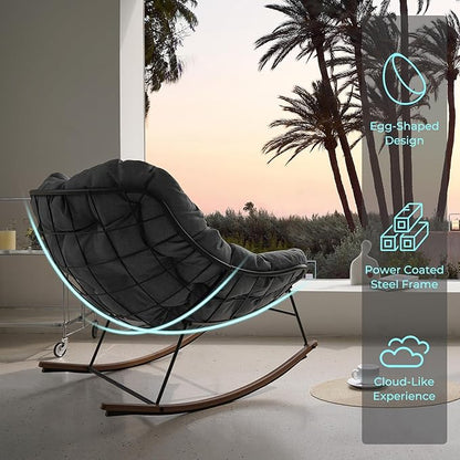 Grand patio Rocking Chair Outdoor, E-Coated Papasan Rocking Chair with Cushion, Outdoor Oversized Recliner Rocker for Patio Porch Garden Backyard, Grey