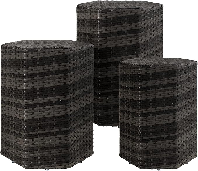 Sundale Outdoor Wicker Side Table Set of 3, Nesting Rattan Coffee End Tables for Small Spaces, Weatherproof Patio Furniture, Lightweight Indoor/Outdoor Use, Dark Grey