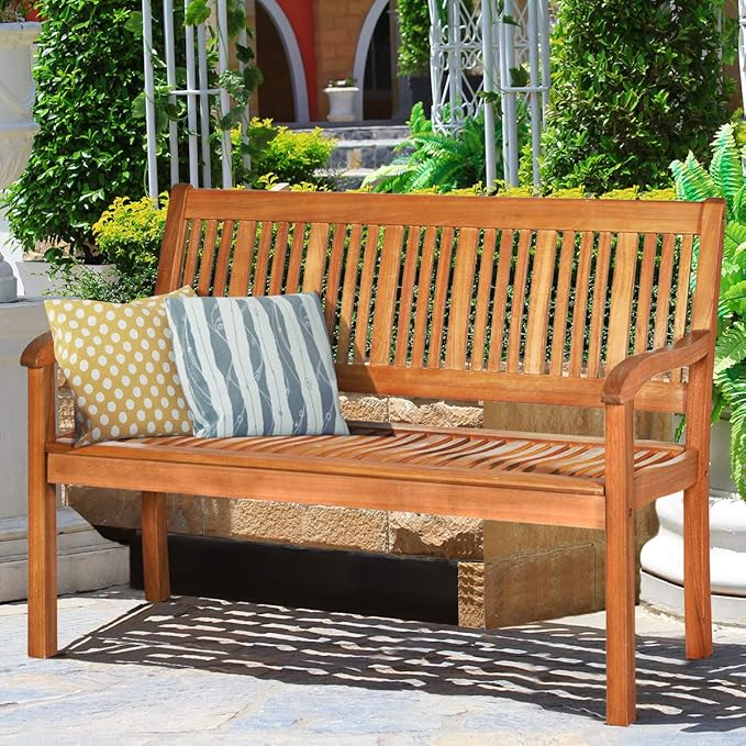 Outdoor Bench, Wooden Bench Outside Bench with Ergonomic Backrests & Curved Armrest, Garden Bench Patio Bench for Outdoors, Park, Porch, Yard & Lawn
