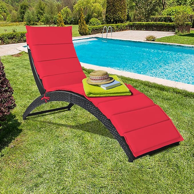Tangkula Foldable Patio Lounge Chair, Outdoor Rattan Lounger Chaise, Portable Patio Chaise with Cushion, All-Weather Wicker Furniture for Garden Lawn Balcony Backyard Poolside (1, Red)