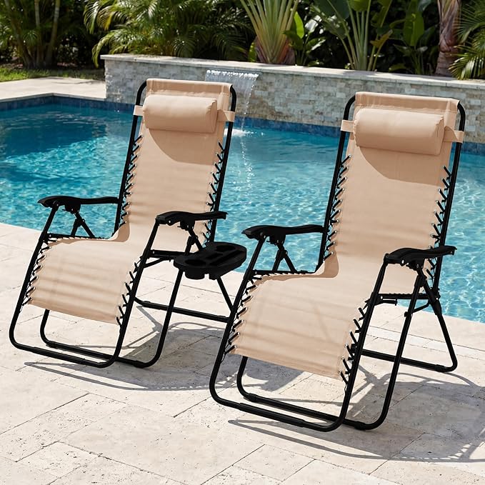 Best Choice Products Set of 2 Extra Wide Adjustable Steel Mesh Zero Gravity Lounge Chair Recliners w/Pillows and Cup Holder Trays - Sand