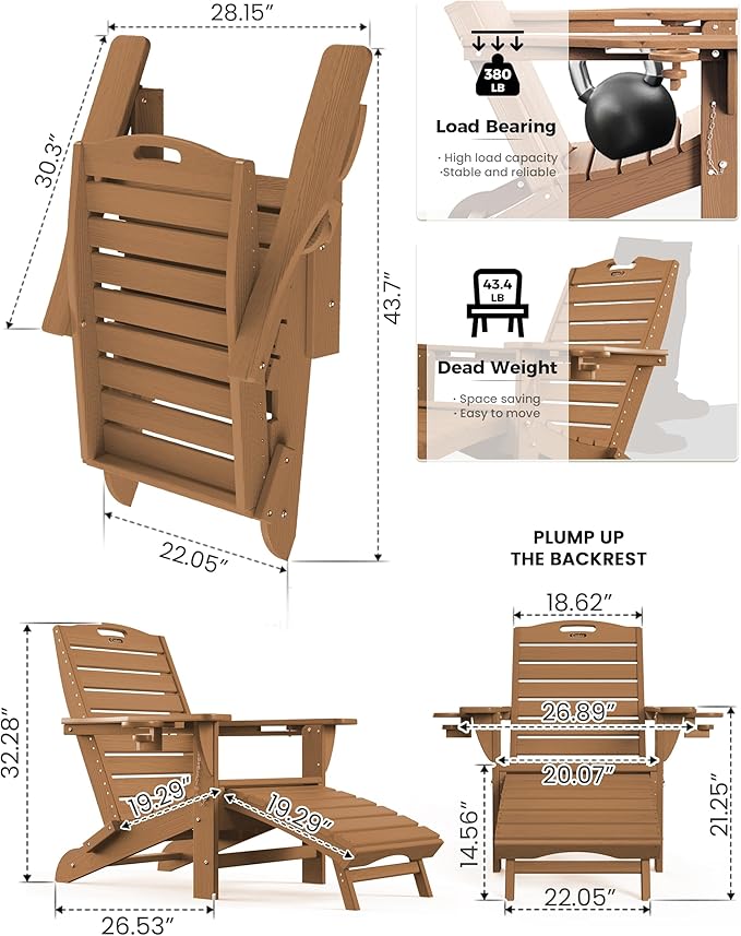 Ciokea Folding Adirondack Chair with Retractable Ottoman Fire Pit Patio Chair with Pull Out Foot Rest Weather Resistant - Photo 3